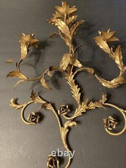 Vintage Rare Large MCM Gold Floral Leaf Candle Holder Iron Wall Sconce