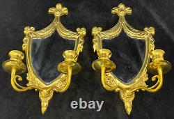 Vintage Regency Gold Brass Metal Mirror Sconce With 2 Arms