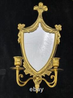 Vintage Regency Gold Brass Metal Mirror Sconce With 2 Arms