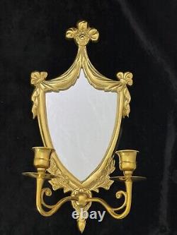 Vintage Regency Gold Brass Metal Mirror Sconce With 2 Arms