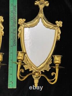 Vintage Regency Gold Brass Metal Mirror Sconce With 2 Arms