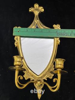 Vintage Regency Gold Brass Metal Mirror Sconce With 2 Arms