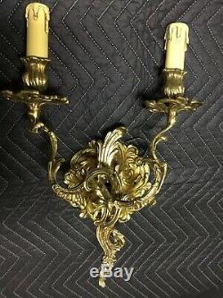 Vintage Rococo Ornate Brass 2 Light Wall Sconces