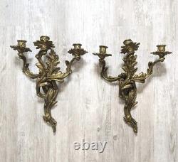 Vintage Solid Brass Louis XV Rococo 3 Arm Large Candle Holder Wall Sconces Pair