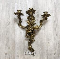 Vintage Solid Brass Louis XV Rococo 3 Arm Large Candle Holder Wall Sconces Pair