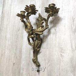 Vintage Solid Brass Louis XV Rococo 3 Arm Large Candle Holder Wall Sconces Pair