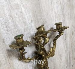 Vintage Solid Brass Louis XV Rococo 3 Arm Large Candle Holder Wall Sconces Pair