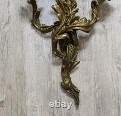 Vintage Solid Brass Louis XV Rococo 3 Arm Large Candle Holder Wall Sconces Pair