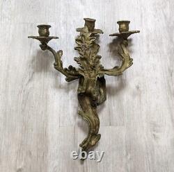 Vintage Solid Brass Louis XV Rococo 3 Arm Large Candle Holder Wall Sconces Pair