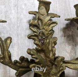 Vintage Solid Brass Louis XV Rococo 3 Arm Large Candle Holder Wall Sconces Pair