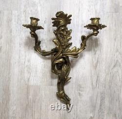 Vintage Solid Brass Louis XV Rococo 3 Arm Large Candle Holder Wall Sconces Pair