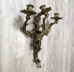 Vintage Solid Brass Louis XV Rococo 3 Arm Large Candle Holder Wall Sconces Pair