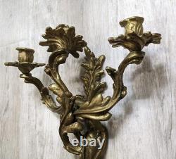 Vintage Solid Brass Louis XV Rococo 3 Arm Large Candle Holder Wall Sconces Pair