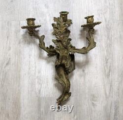 Vintage Solid Brass Louis XV Rococo 3 Arm Large Candle Holder Wall Sconces Pair