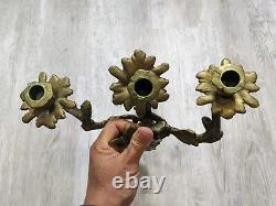 Vintage Solid Brass Louis XV Rococo 3 Arm Large Candle Holder Wall Sconces Pair