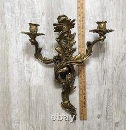 Vintage Solid Brass Louis XV Rococo 3 Arm Large Candle Holder Wall Sconces Pair