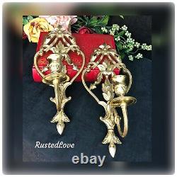 Vintage Solid Brass Wall Sconces Floral with Bows Hollywood Regency a Pair