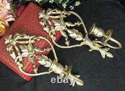 Vintage Solid Brass Wall Sconces Floral with Bows Hollywood Regency a Pair