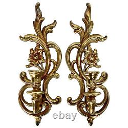 Vintage SyrocoWood French Rococo Floral Gold Candle Wall Sconces a Pair