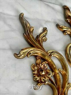 Vintage SyrocoWood French Rococo Floral Gold Candle Wall Sconces a Pair