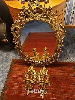 Vintage Syroco Goldtone Wall Mirror and Candle Sconces Set #4131 EUC USA Made