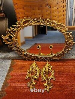 Vintage Syroco Goldtone Wall Mirror and Candle Sconces Set #4131 EUC USA Made