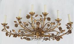 Vintage Tole 29x14 Gold Gilt Metal Candelabra Wall Sconce 6-Light Lamp