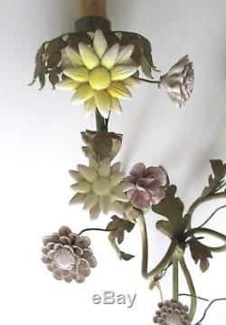 Vintage Tole Metal Green Gold Porcelain Mixed Flowers 2-light Wall Sconce