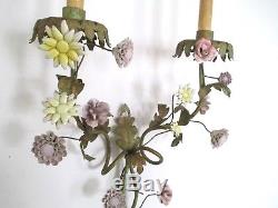 Vintage Tole Metal Green Gold Porcelain Mixed Flowers 2-light Wall Sconce