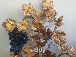 Vintage Tole Murano Czech Glass Grape Cluster Fruit Beaded Wall Sconce Italian