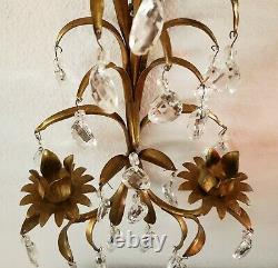 Vintage Tole Wheat Wall Sconce Candle Holders Gold Gilt Crystals & Clock