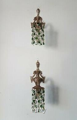 Vintage Wall Lights Down Lights Emerald Green & Clear Crystals Pair