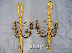 Vintage X5 Huge Gilt Brass Classical Twin Branch Wall Lights Sconces Mid Century