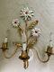 Vintage large floral tole wall sconce daisies gold leaves, 3 arm