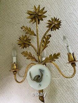 Vintage large floral tole wall sconce daisies gold leaves, 3 arm