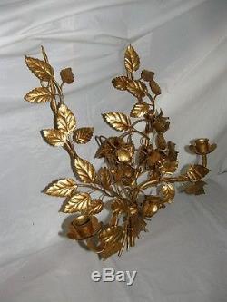 Vintage mid century Hollywood Regency chic Italian Italy gold candle holder wall