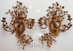 Vintage pair tole ware wall candle holders sconces gold gilt wood and metal