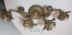 Vintage solid heavy brass figural cherub putti rose electric wall sconce fixture