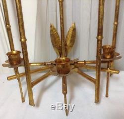 Vtg Antique Large Italian Tole Metal Gilt Gold 3Arms Wall Sconce Candle Holder