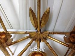 Vtg Antique Large Italian Tole Metal Gilt Gold 3Arms Wall Sconce Candle Holder