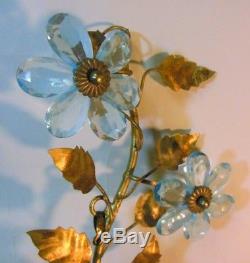 Vtg French Bagues Style Wall Sconce Italy Gold Tole Blue Aqua Crystal Flowers
