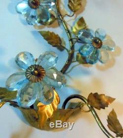 Vtg French Bagues Style Wall Sconce Italy Gold Tole Blue Aqua Crystal Flowers