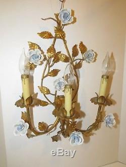 Vtg French Bagues Wall Sconce Lamp Light Italy Gold Gild Tole Blue Flowers