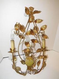 Vtg French Bagues Wall Sconce Lamp Light Italy Gold Gild Tole Blue Flowers