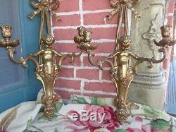 Vtg French Style Gold Gilt Metal Cherub Putti Two Arm Candelabra Wall Sconce Set