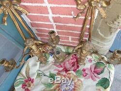 Vtg French Style Gold Gilt Metal Cherub Putti Two Arm Candelabra Wall Sconce Set