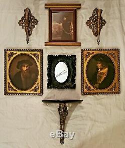 Vtg Gothic Victorian 7pc Lot Gold Black Wall Decor Sconces Shelf Portrait Mirror