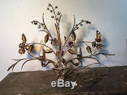Vtg ITALY Hollywood Recency Gilt Floral Candle Holder Wall Sconce MCM Wheat Lamp