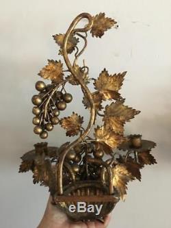 Vtg Italian Florentine Gold Metal Tole Grape Leaf Wall Candle Holder Sconce Pair