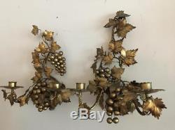 Vtg Italian Florentine Gold Metal Tole Grape Leaf Wall Candle Holder Sconce Pair